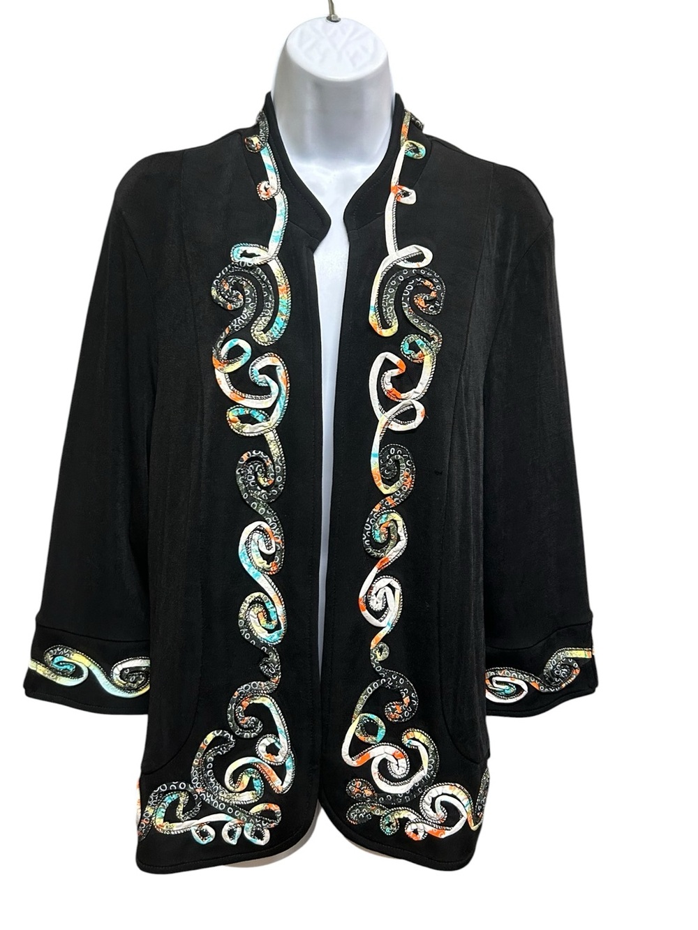Picadilly Fashions Black Multicolor Accent Open Front Black Cardigan Size M